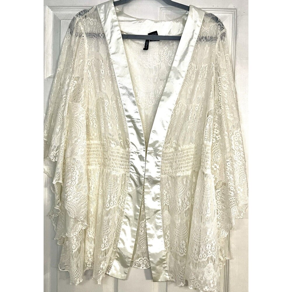 New Directions Woman White Lace Kimono Style Cardigan Duster Layering Top 2X